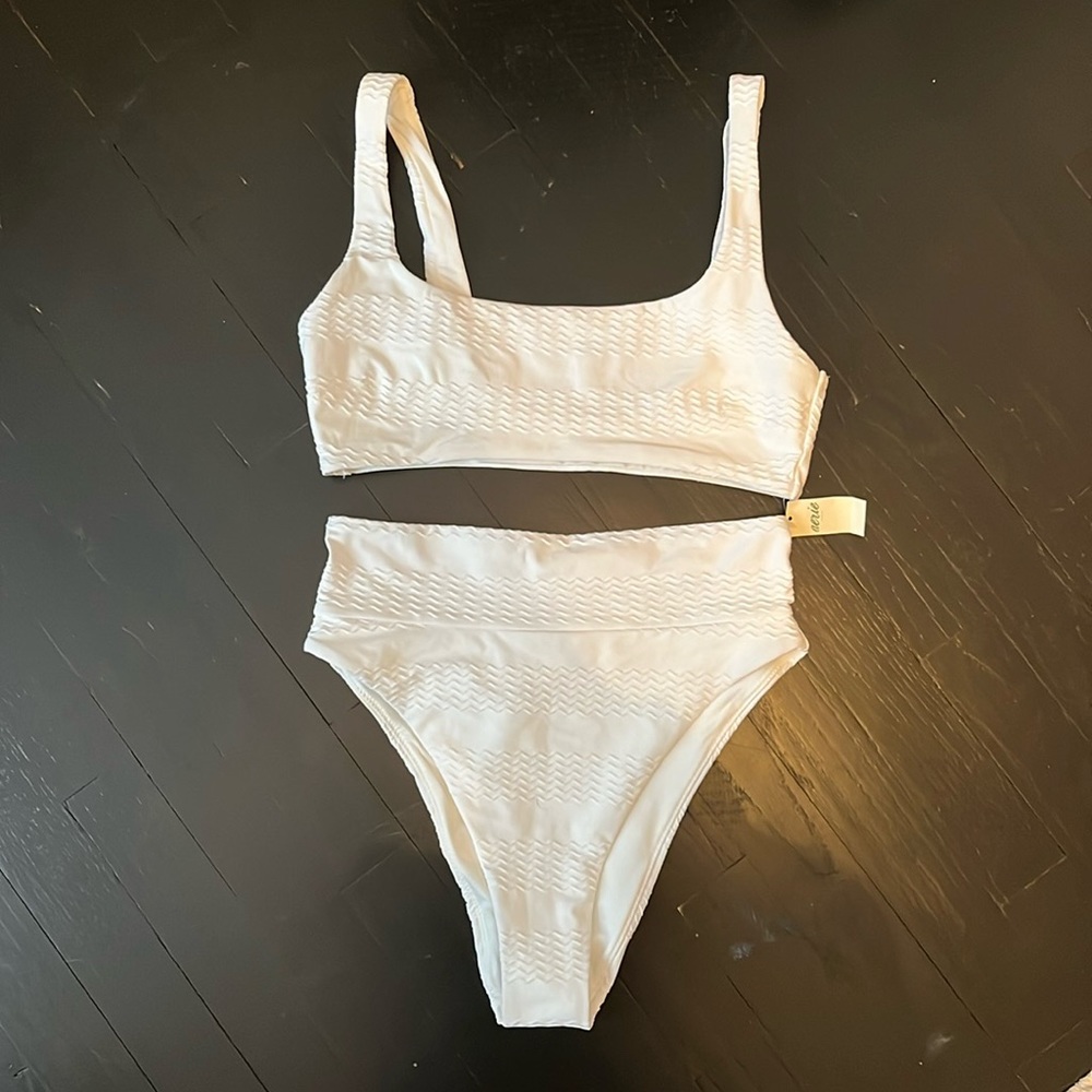 Aerie white on white high waisted bikini. Top size medium, bottoms size small.